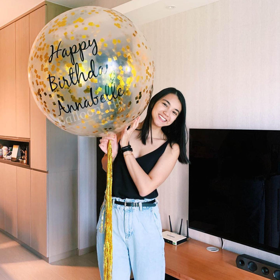 36" 橡膠閃閃透明氣球+閃閃長流蘇 - 生日Message